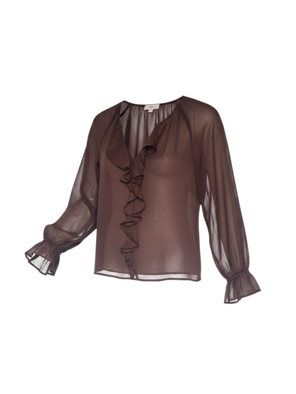 LOFT Sheer Ruffle-Front Blouse in Chocolate Brown
